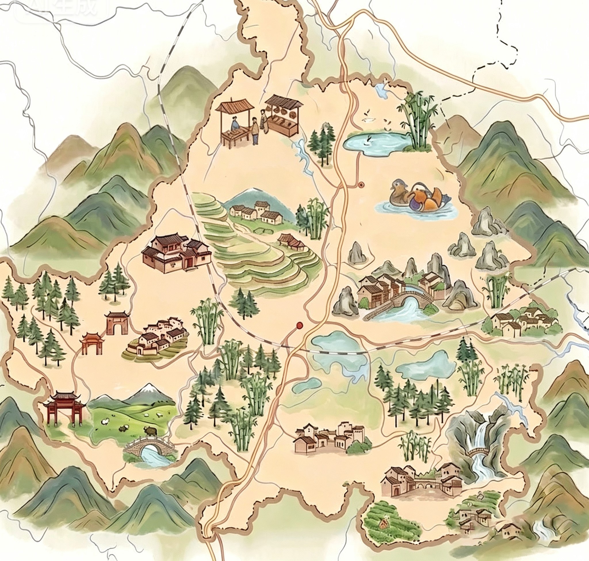 屏南红色研学手绘地图